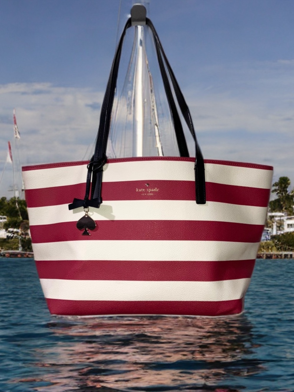 Kate Spade New York Hawthorne Large Red White Striped Tote Bag Purse Nautical